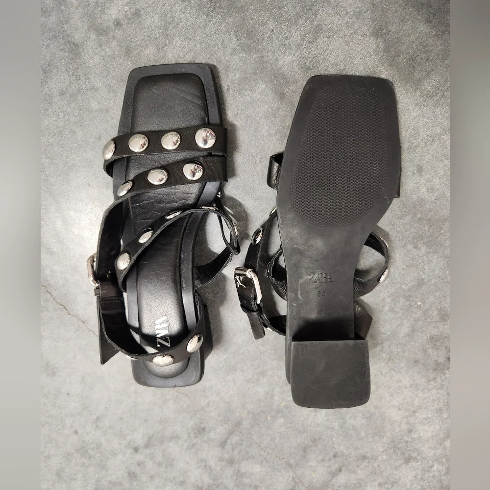 NEW Zara Size 6 / EU 36 Black Studded Leather Heels Sandals - Picture 4 of 4